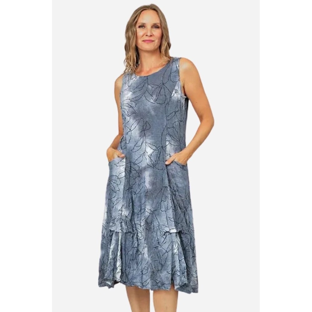 Chalet et Ceci Rowann Dress Blue Grey Floral Tie Dye Midi Sleeveless L NWT